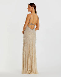 Beige V-Neck Column Gown - Nude