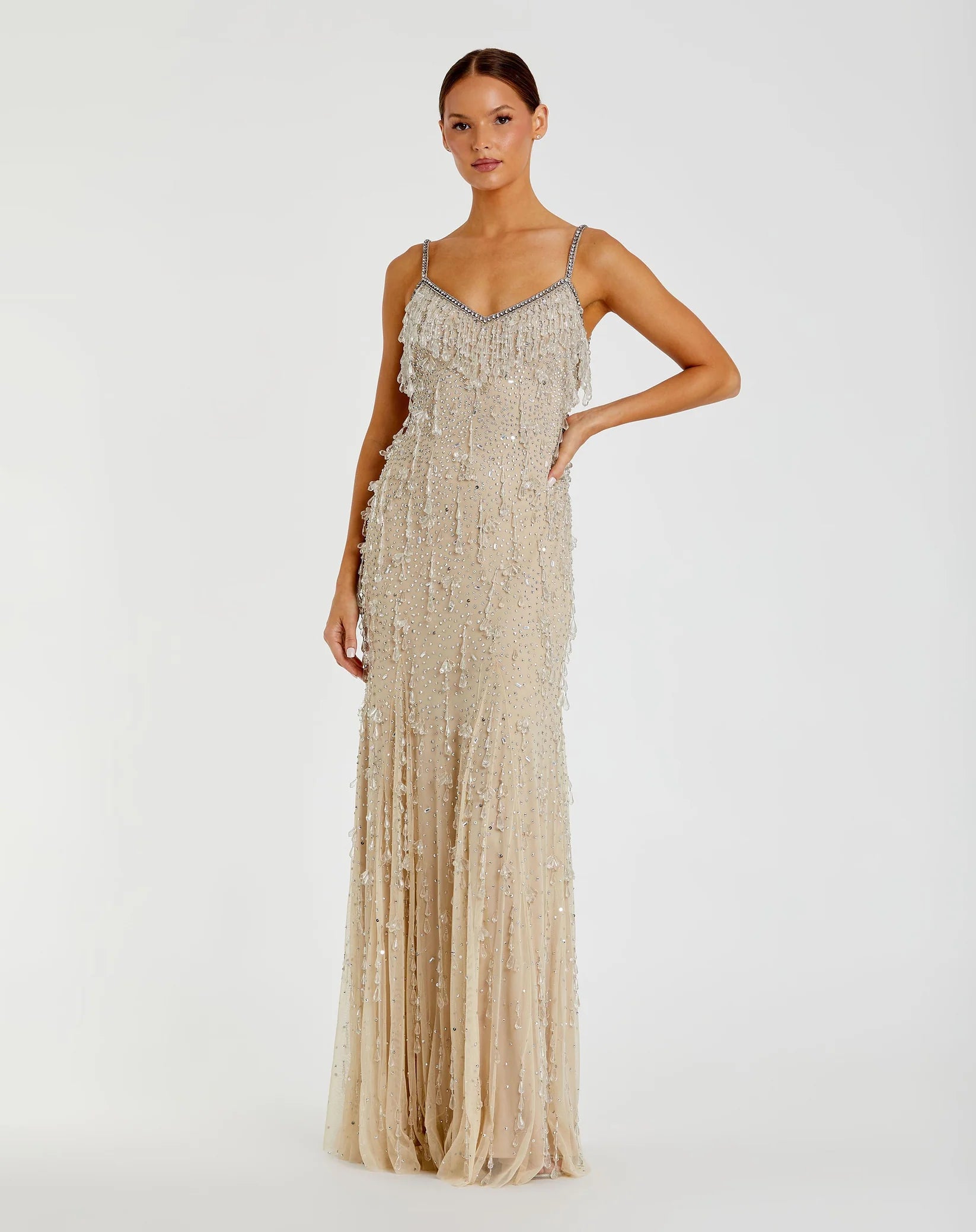 Mac Duggal Beige V-Neck Column Gown with Fringe Embellishments - Nude Silver #10101