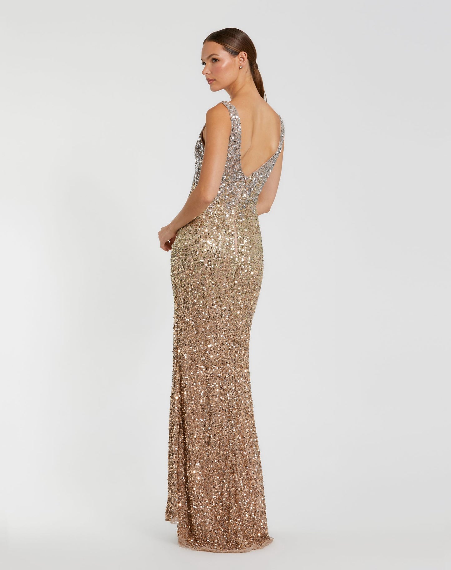 Sexy Sequin Sleeveless Plunge Neck Gown - Gold