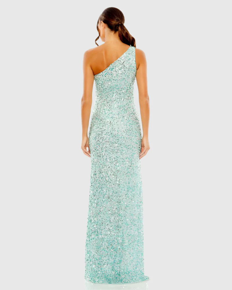 Sequin One Shoulder Gown With Slit - Nude