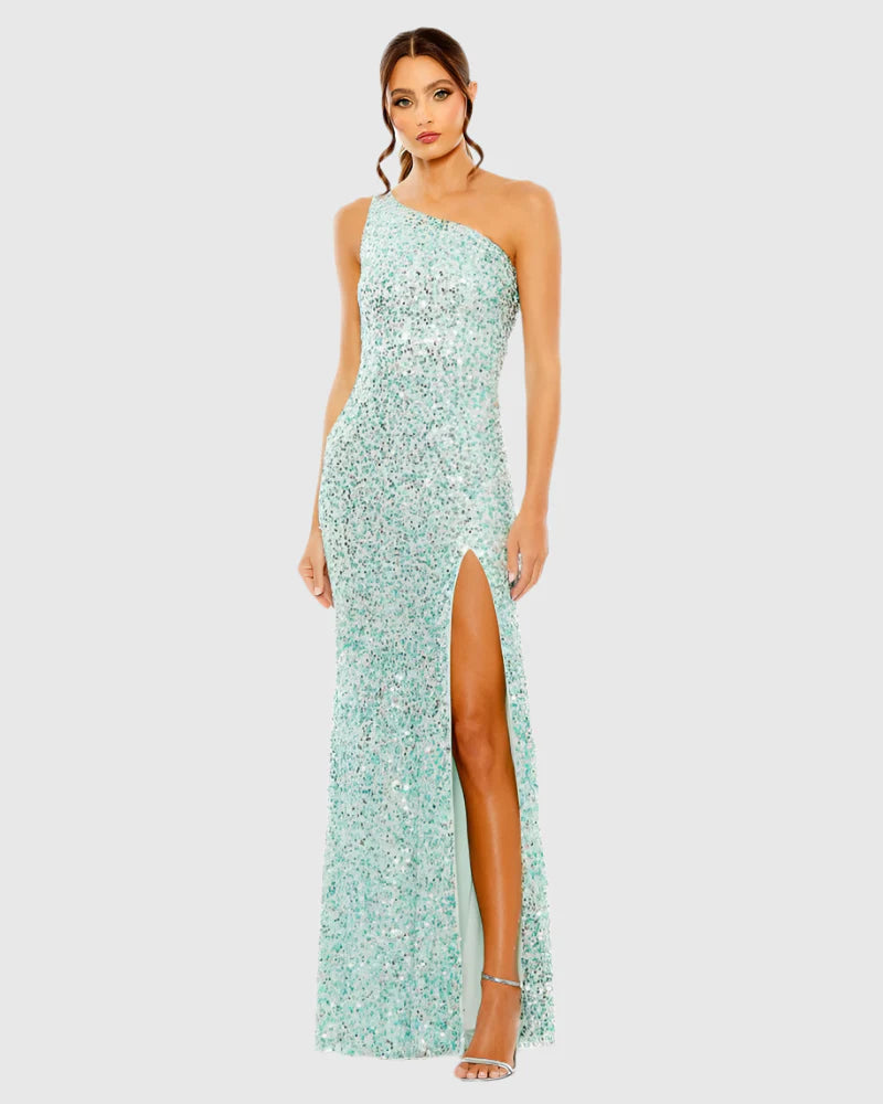 Mac Duggal Beige Sequin One Shoulder Gown With Slit #10729 Aqua | ShaideBoutique.com Shaide Boutique Mac Duggal Beige Sequin One Shoulder Gown With Slit #10729 Aqua | ShaideBoutique.com Shaide Boutique