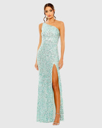 Mac Duggal Beige Sequin One Shoulder Gown With Slit #10729 Aqua