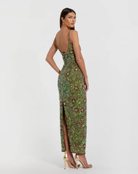 Sleeveless Hand Beaded Floral Midi Dress - Olive