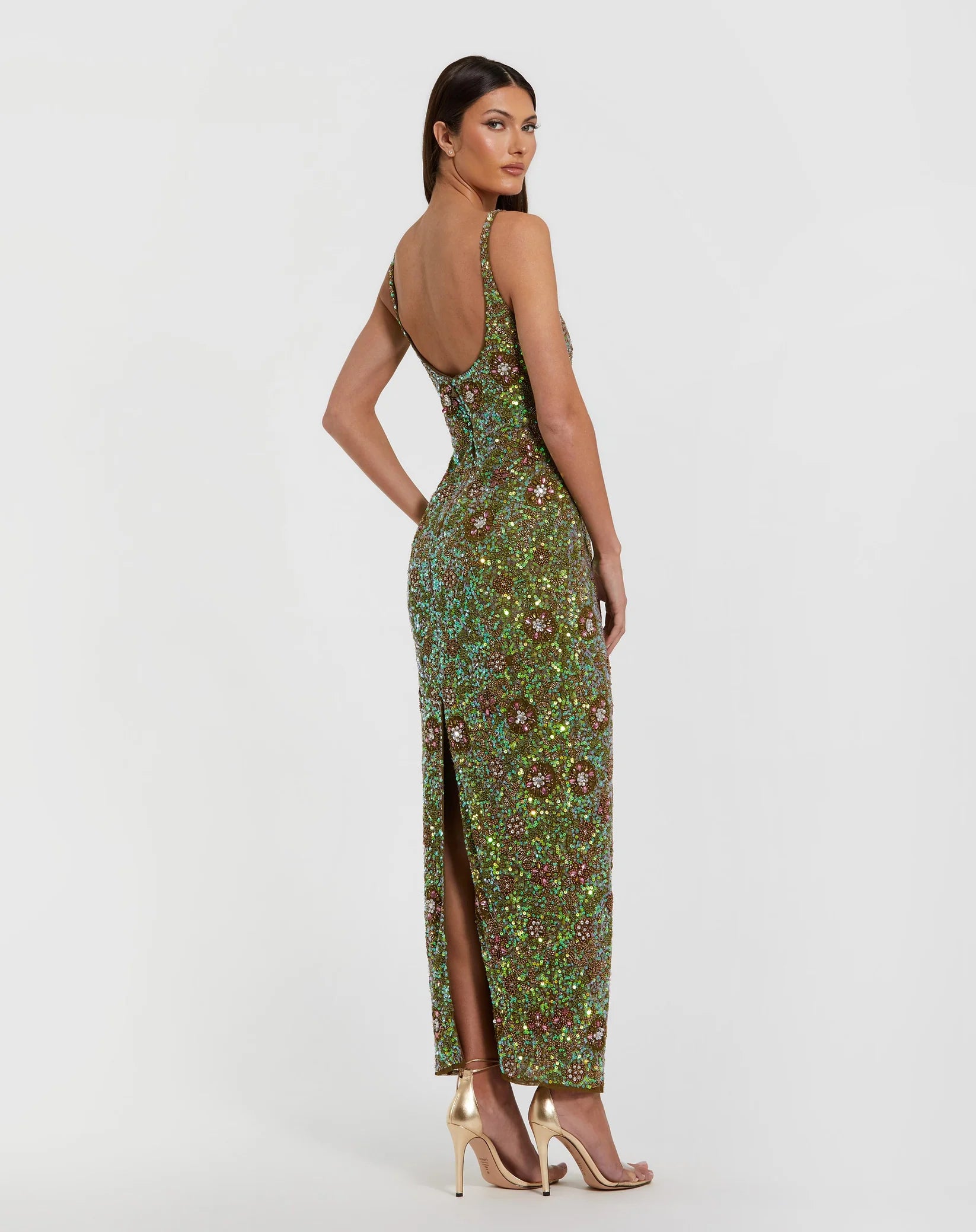 Sleeveless Hand Beaded Floral Midi Dress - Olive