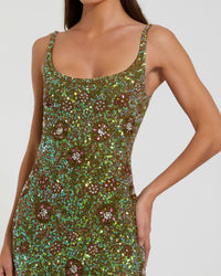 Sleeveless Hand Beaded Floral Midi Dress - Olive
