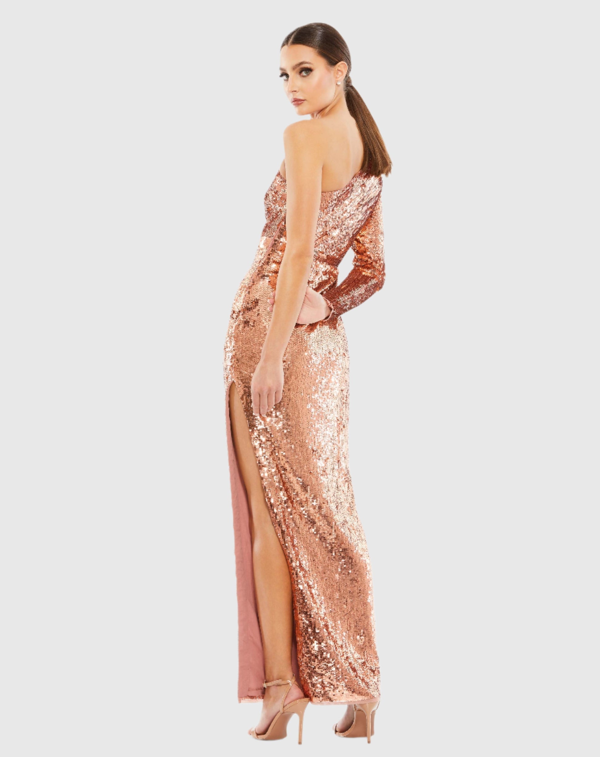 Sequin one sleeve slit gown - Copper