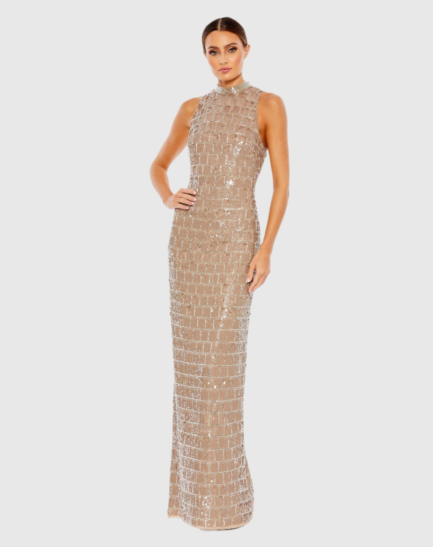 Mac Duggal, Sequined High Neck Sleeveless Column Gown #10907 Taupe