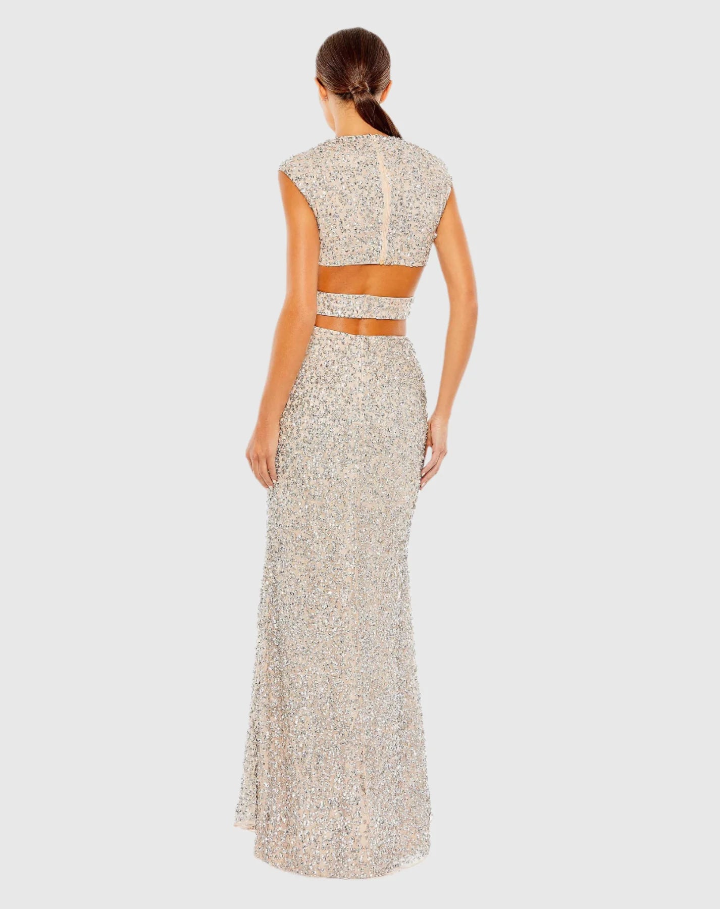 Sequin cap sleeveless plunge neck cut out gown - Spring Green