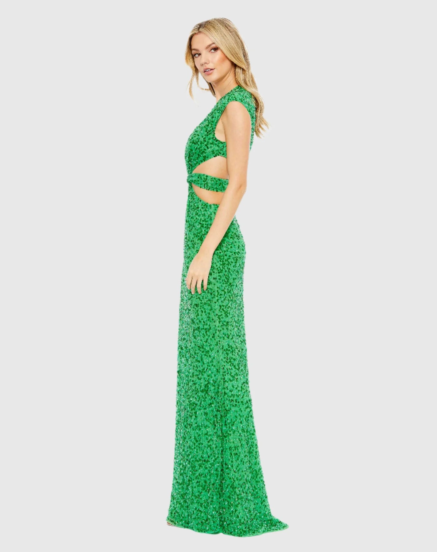Sequin cap sleeveless plunge neck cut out gown - Spring Green
