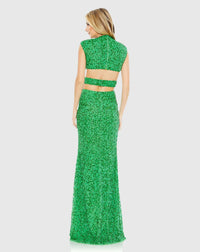 Sequin cap sleeveless plunge neck cut out gown - Spring Green