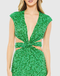 Sequin cap sleeveless plunge neck cut out gown - Spring Green