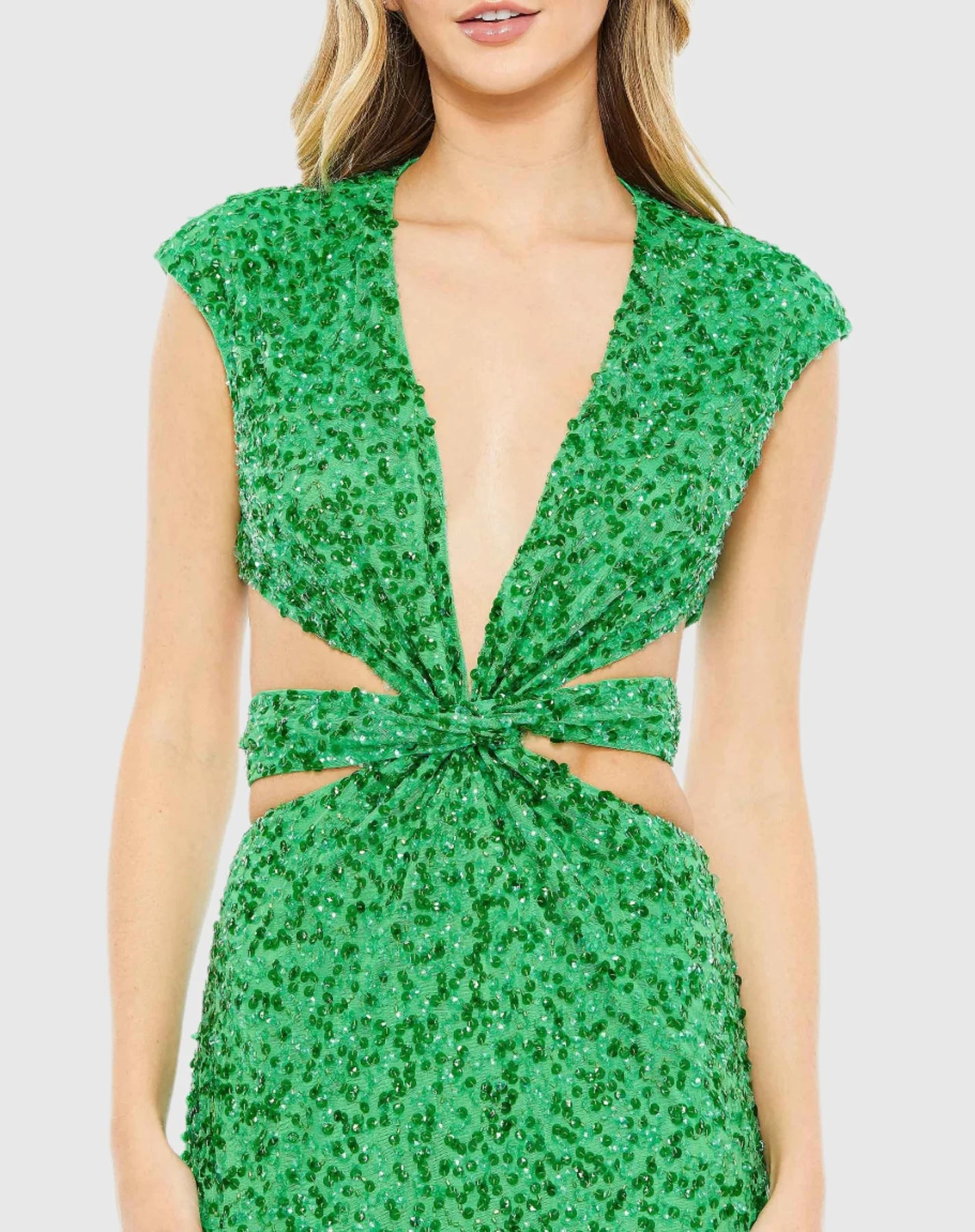 Sequin cap sleeveless plunge neck cut out gown - Spring Green