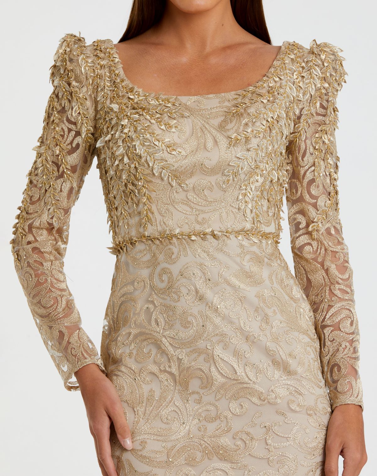 Embroidered Lace Applique Shoulder Detail Trumpet Gown - Mocha