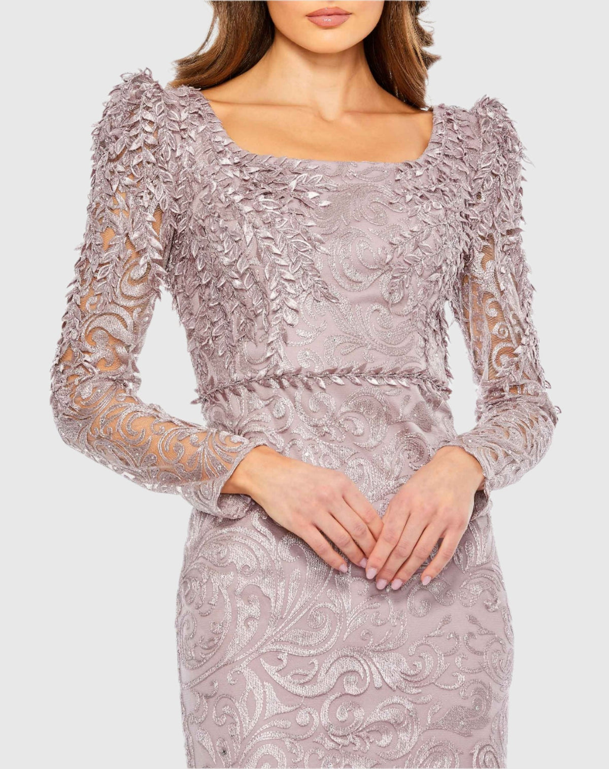 Embroidered Lace Applique Shoulder Detail Trumpet Gown - Mocha