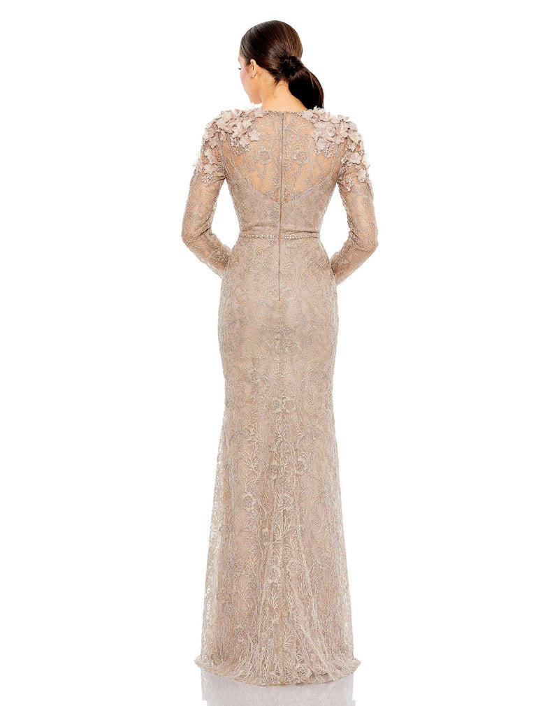 Mac Duggal Style #93618 Embellished shoulder detail long sleeve Dress - Taupe back view