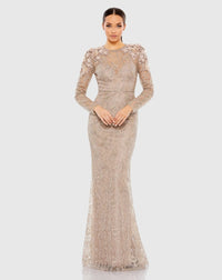 Mac Duggal, Embellished shoulder detail long sleeve Dress - Taupe #11323