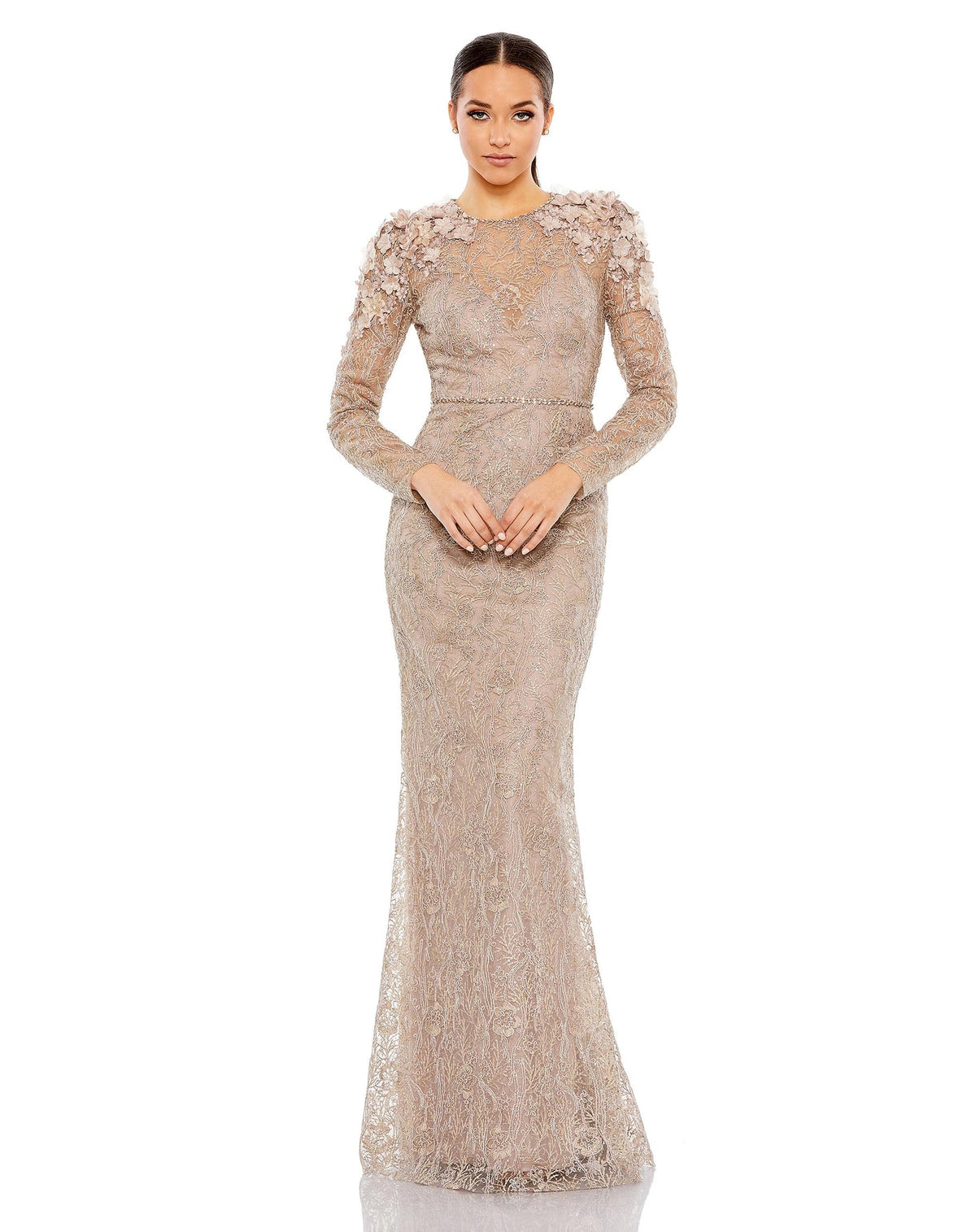 Mac Duggal Style #93618 Embellished shoulder detail long sleeve Dress - Taupe