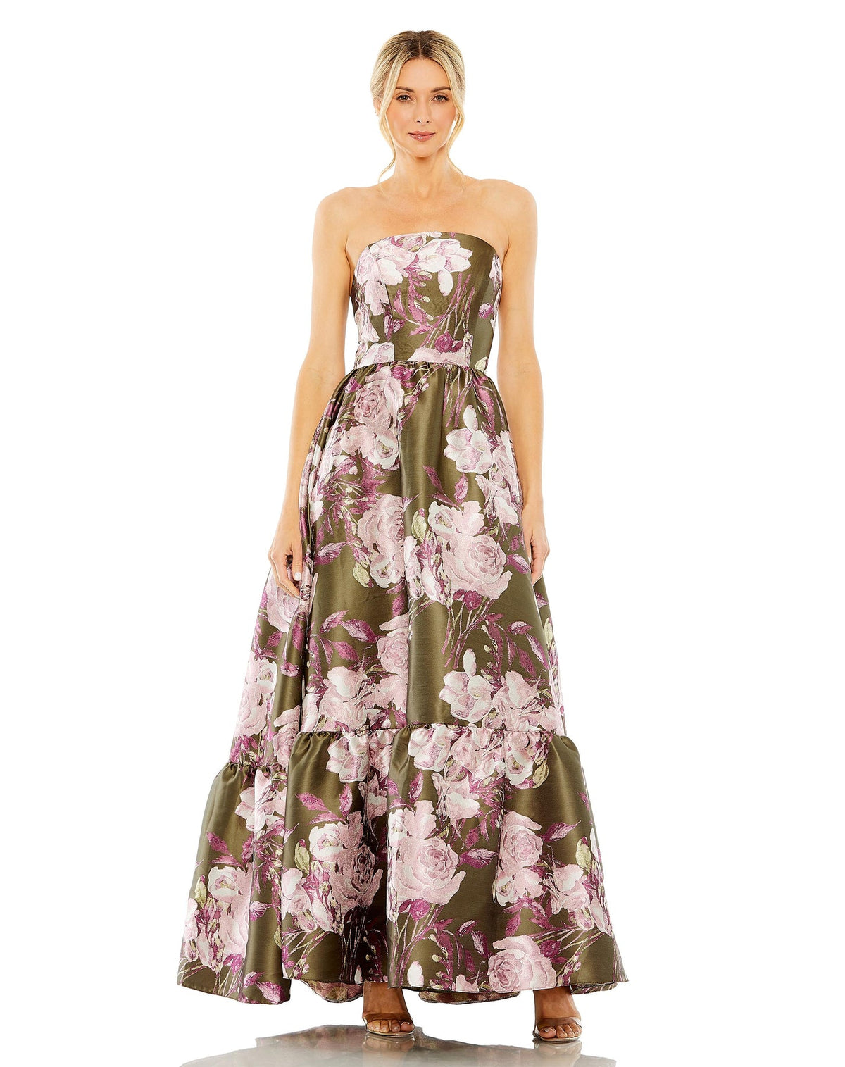 mac duggal, Strapless bottom ruffle floral gown - Olive, Style #11605