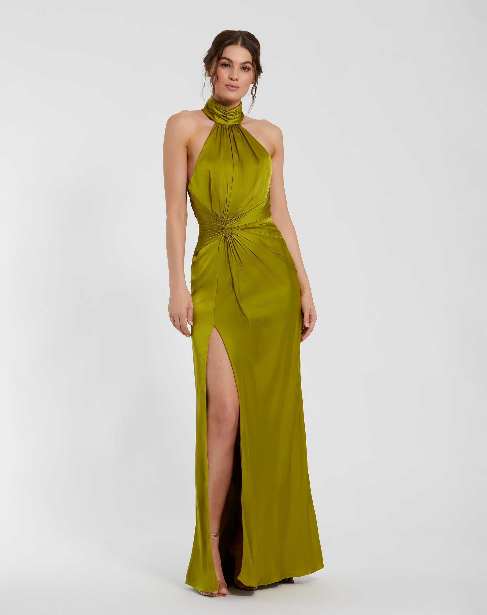 Mac Duggal Open Back High Neck Side Ruched Gown #11642 olive