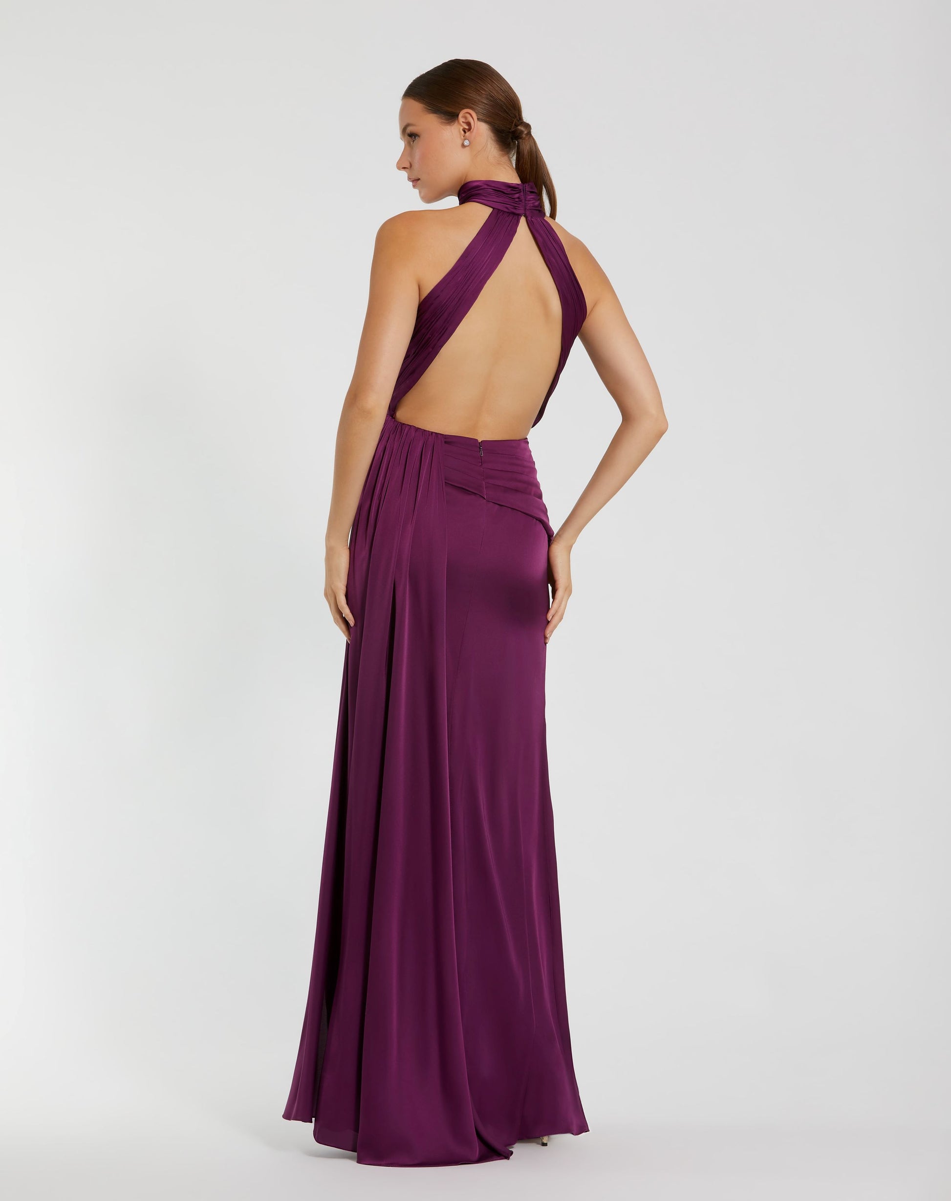 Open back high neck ruched gown - Pink