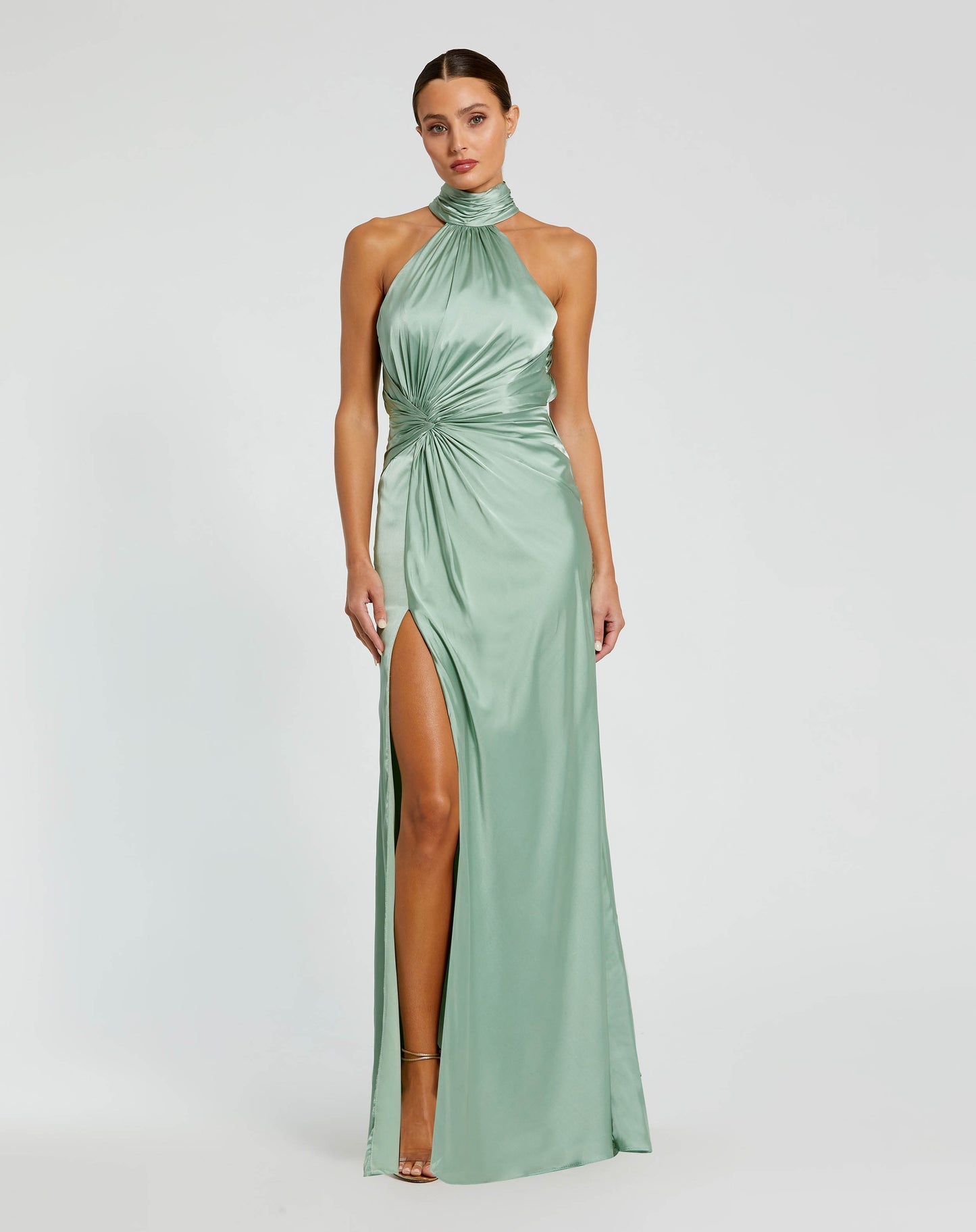 Mac Duggal Open Back High Neck Side Ruched Gown #11642 Sage