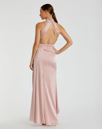 Open back high neck ruched gown - Pink
