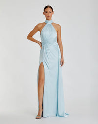 Mac Duggal Open Back High Neck Side Ruched Gown #11642 Powder Blue