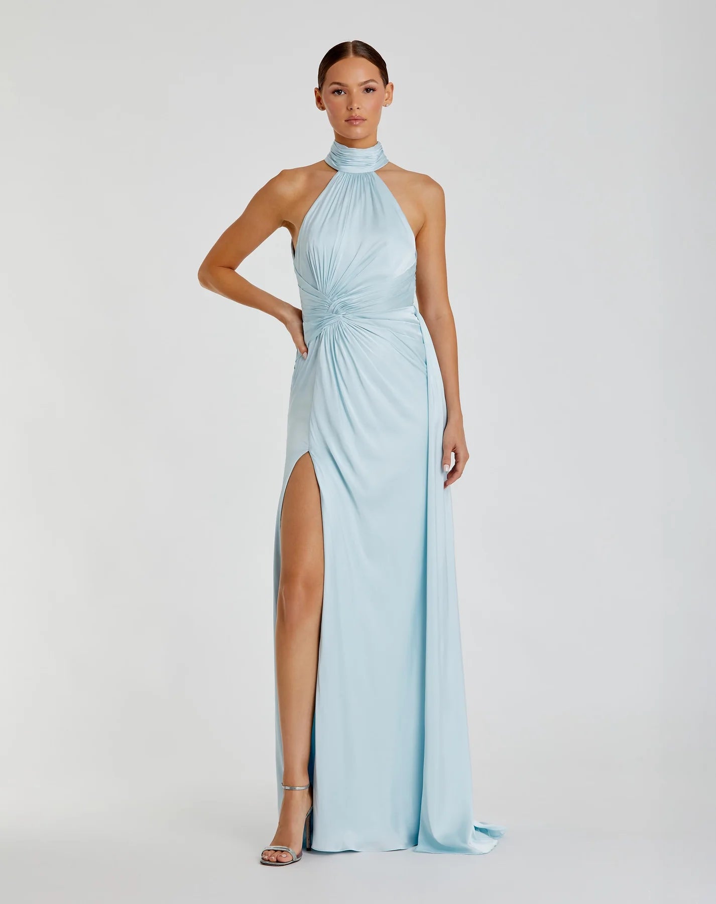 Mac Duggal Open Back High Neck Side Ruched Gown #11642 Powder Blue