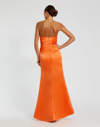 Strapless Gathered High Slit Gown - Orange