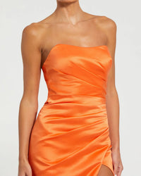 Strapless Gathered High Slit Gown - Orange
