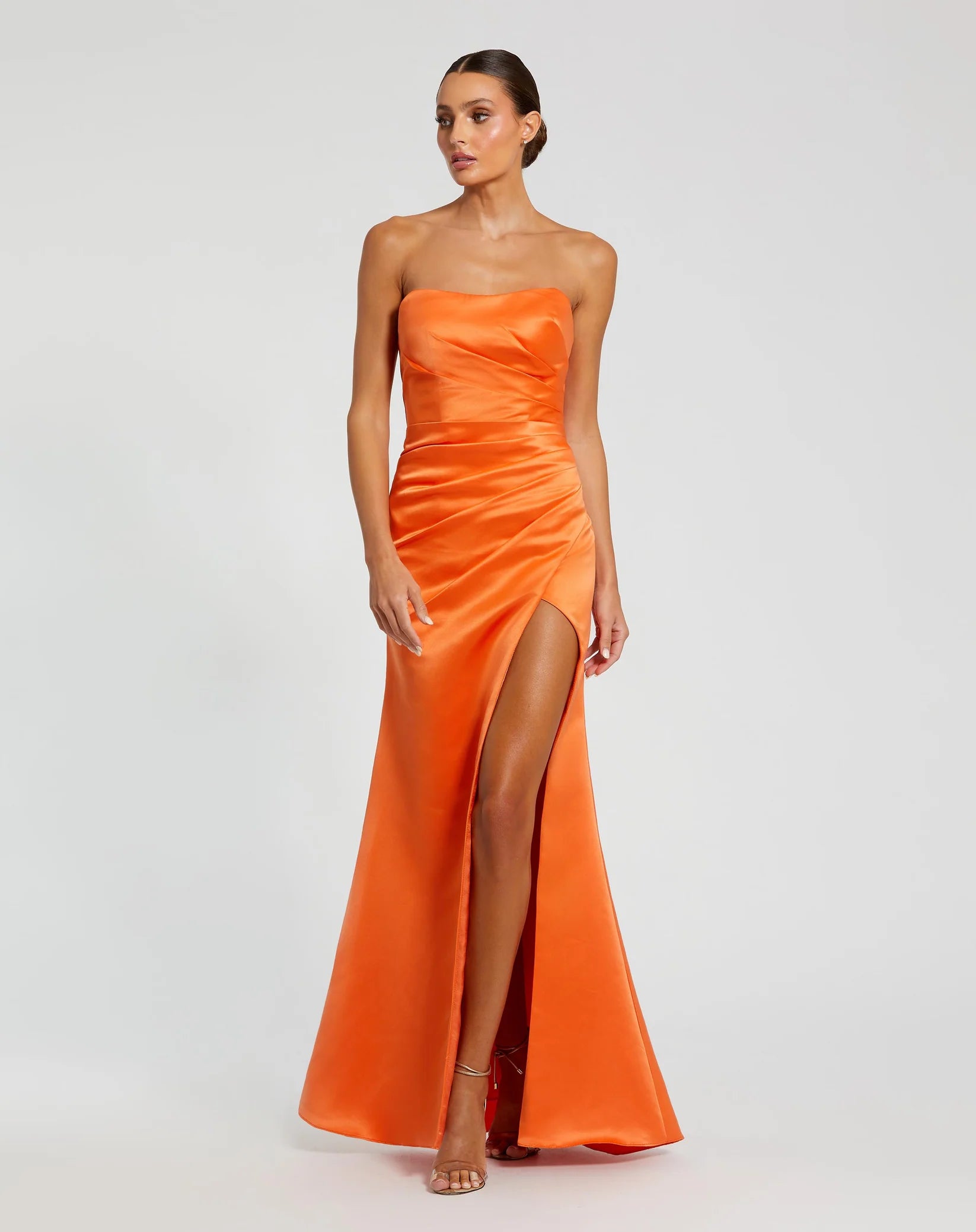 Mac Duggal Orange Strapless Gathered High Slit Gown #11653