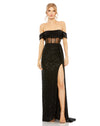 SEQUINED GOWN WITH SHEER CORSET WAIST AND SLIT black sequin