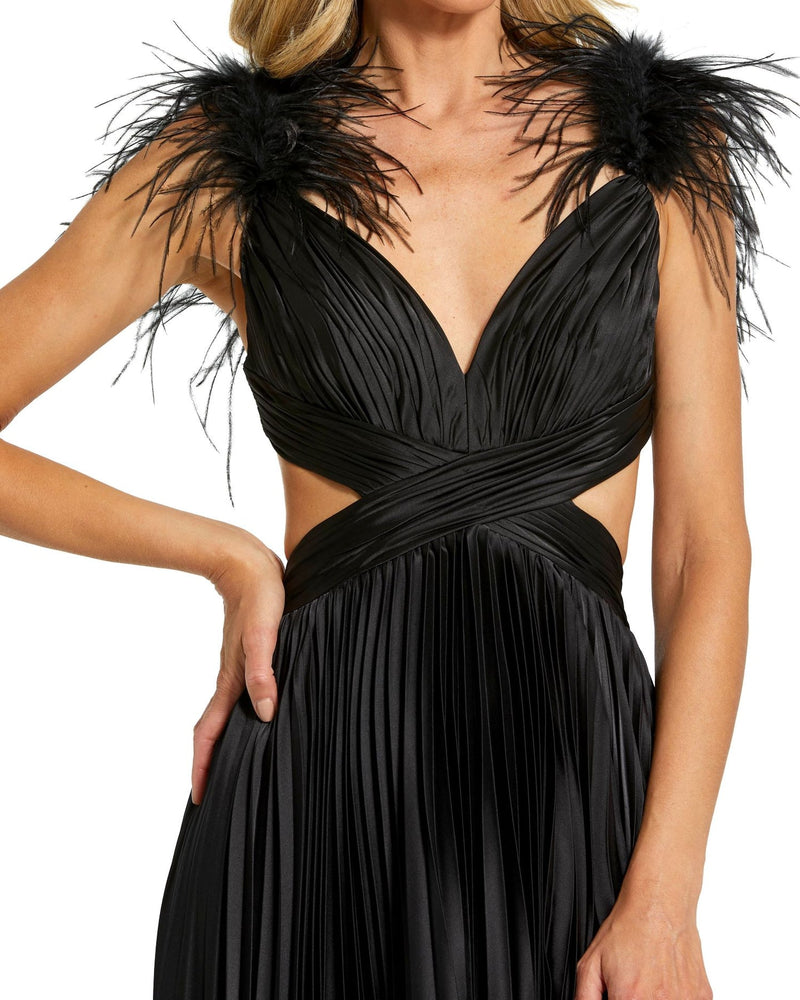 Ostrich feather detail cap sleeve cut out gown - Brown