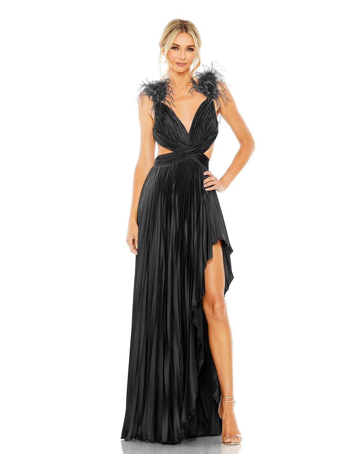 Ostrich feather detail cap sleeve cut out gown - Brown