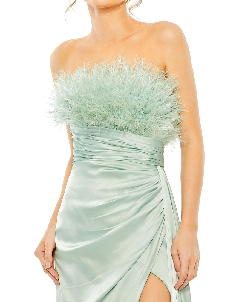 STRAPLESS FEATHER DETAIL SATIN GOWN - Seafoam Style #11690 Designer: Mac Duggal close up