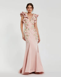 Mac Duggal Pink Flutter Sleeve Embellished Mermaid Gown #11773
