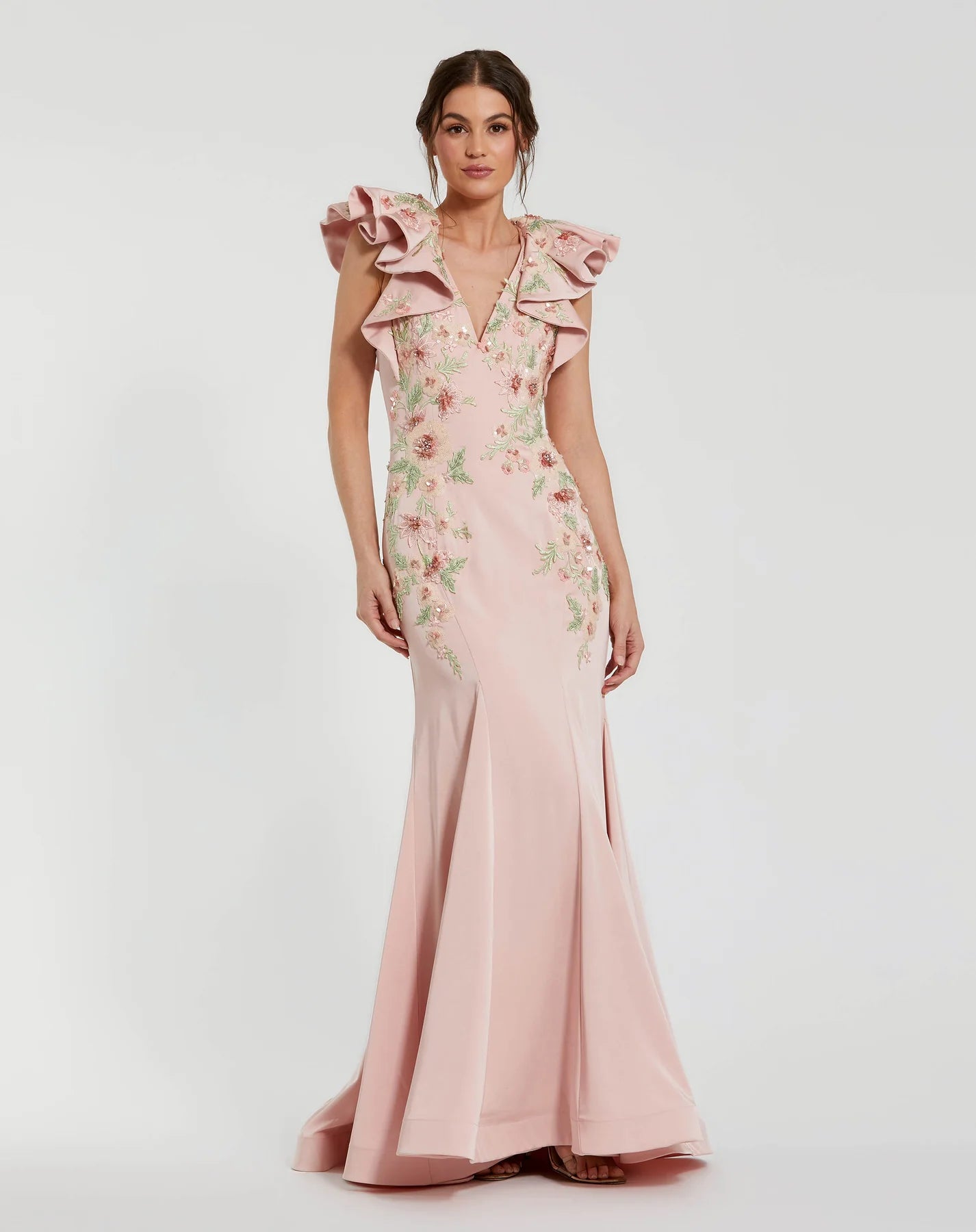 Mac Duggal Pink Flutter Sleeve Embellished Mermaid Gown #11773