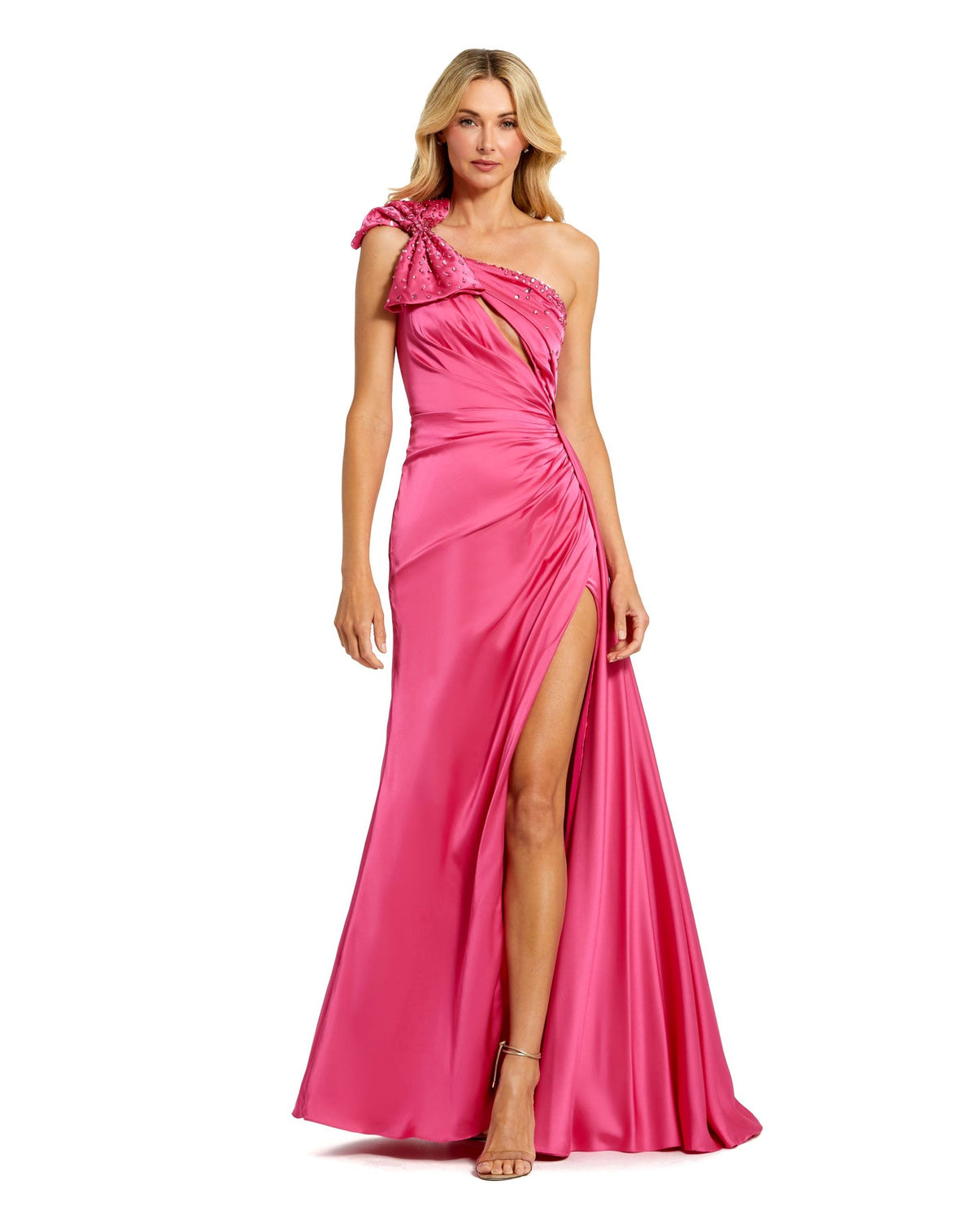 Mac Duggal, Style #11788, Satin asymmetric one shoulder bow detail gown, Pink