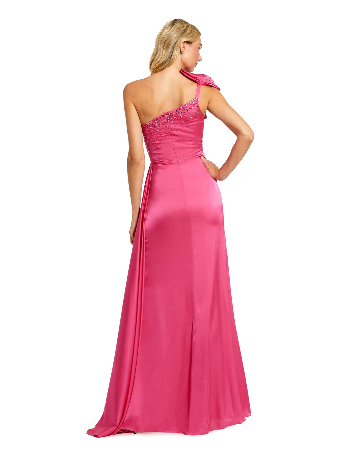 Mac Duggal, Style #11788, Satin asymmetric one shoulder bow detail gown, Pink back view