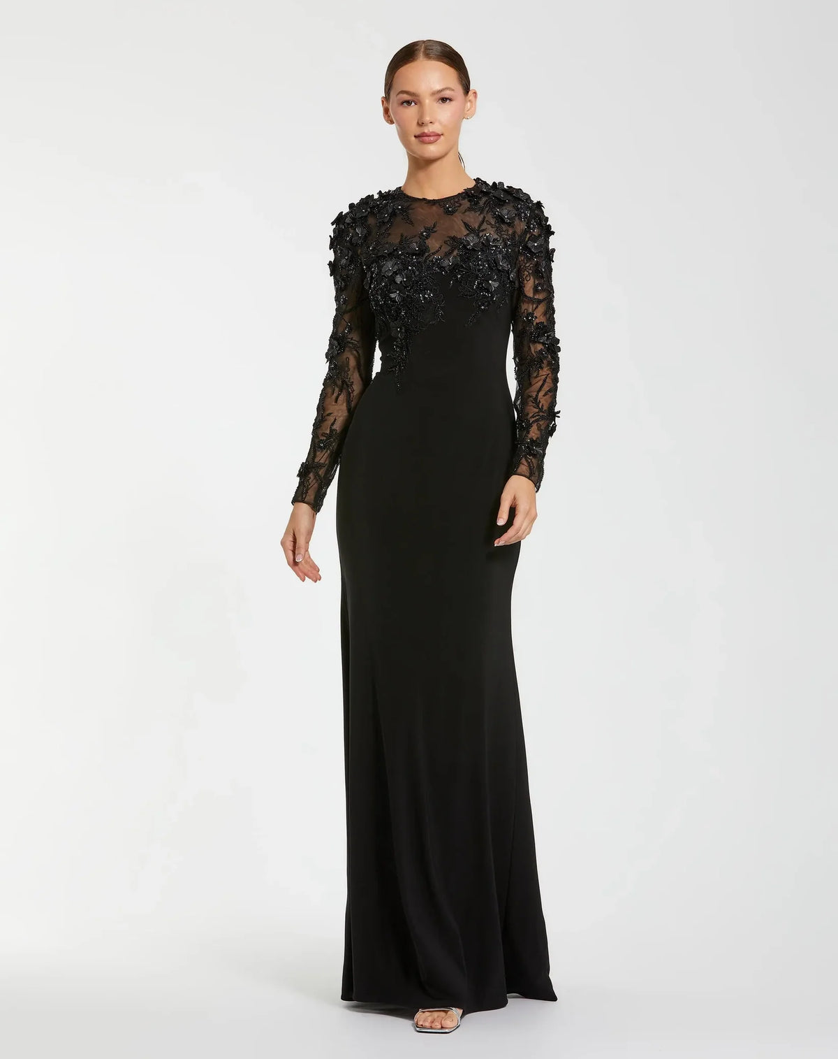 Mac Duggal Black Long Sleeve Floral Embellished Column Gown #11841 Black
