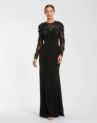 Mac Duggal Black Long Sleeve Floral Embellished Column Gown #11841 Black