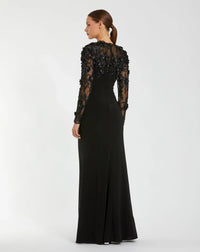 Long Sleeve Floral Embellished Column Gown - Black