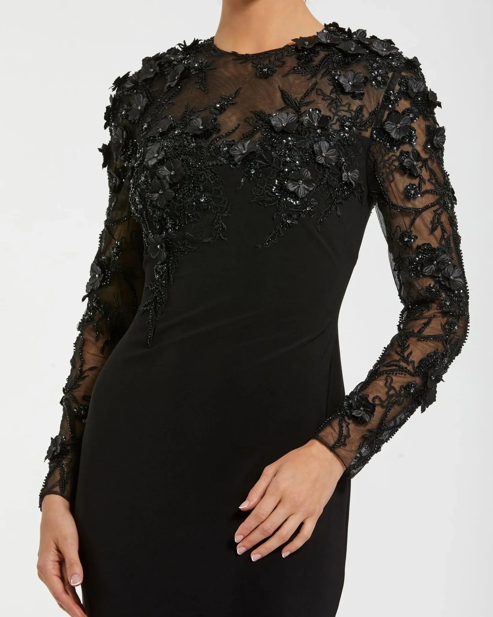 Long Sleeve Floral Embellished Column Gown - Black