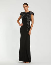 Mac Duggal Black Cap Sleeve Jersey Column Gown With Beaded Flowers #11847