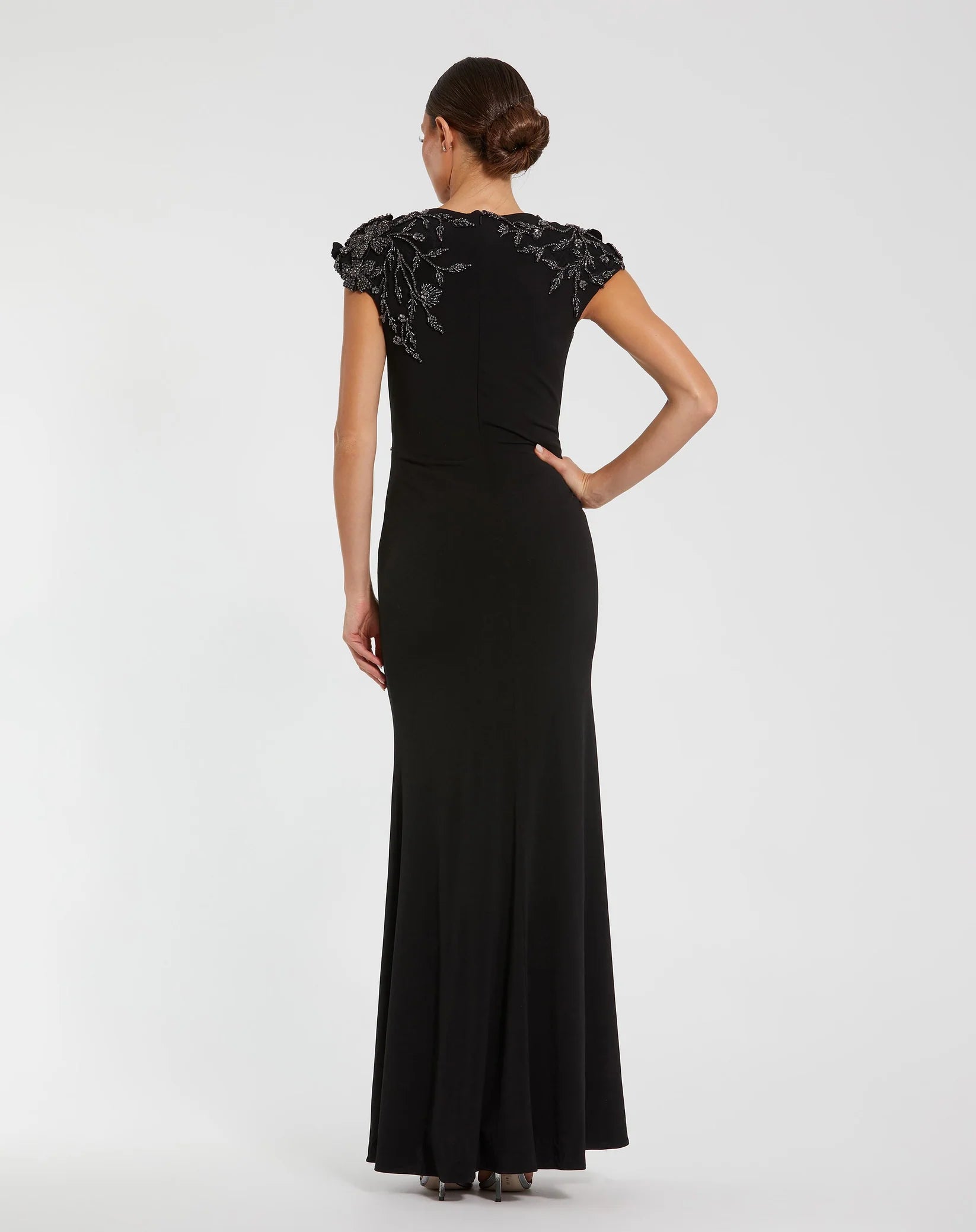 Cap Sleeve Jersey Column Gown Beaded Flowers - Black
