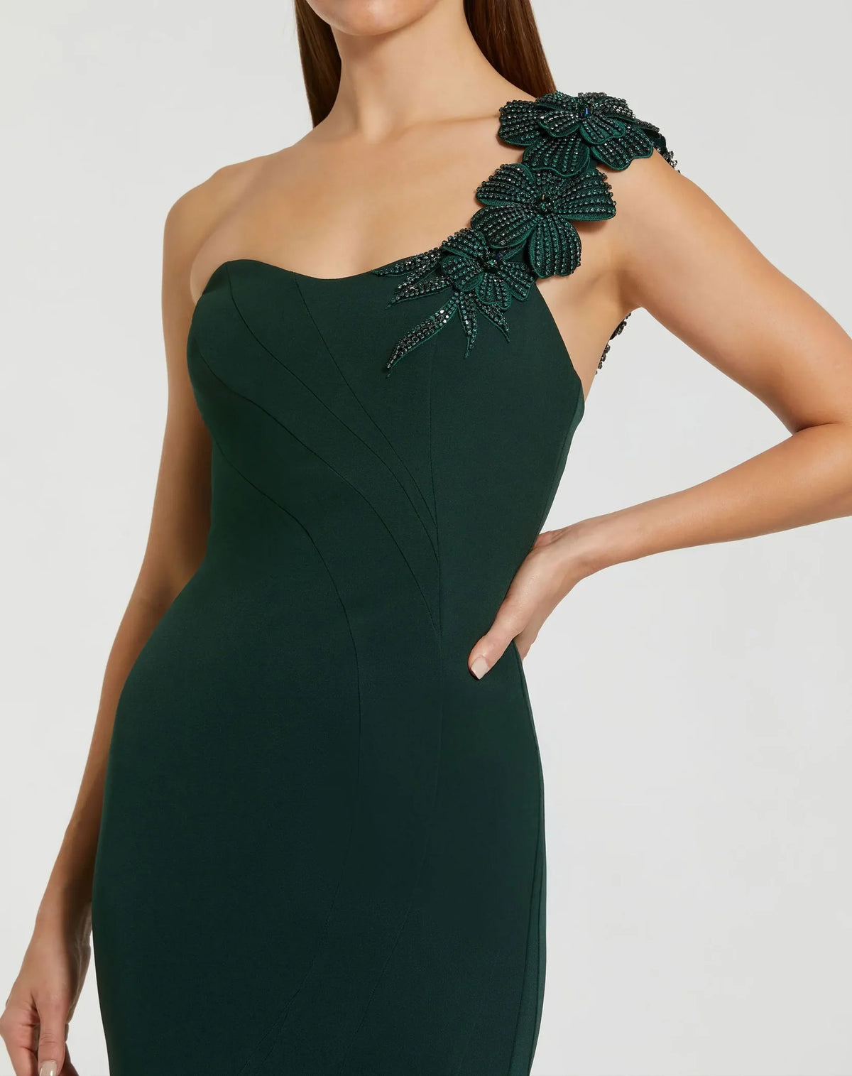 Crepe One Shoulder Flower Mermaid Gown - Green