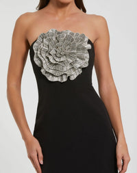 Crepe Strapless Gown With 3D Rhinestone Flower - Black