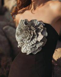 Crepe Strapless Gown With 3D Rhinestone Flower - Black