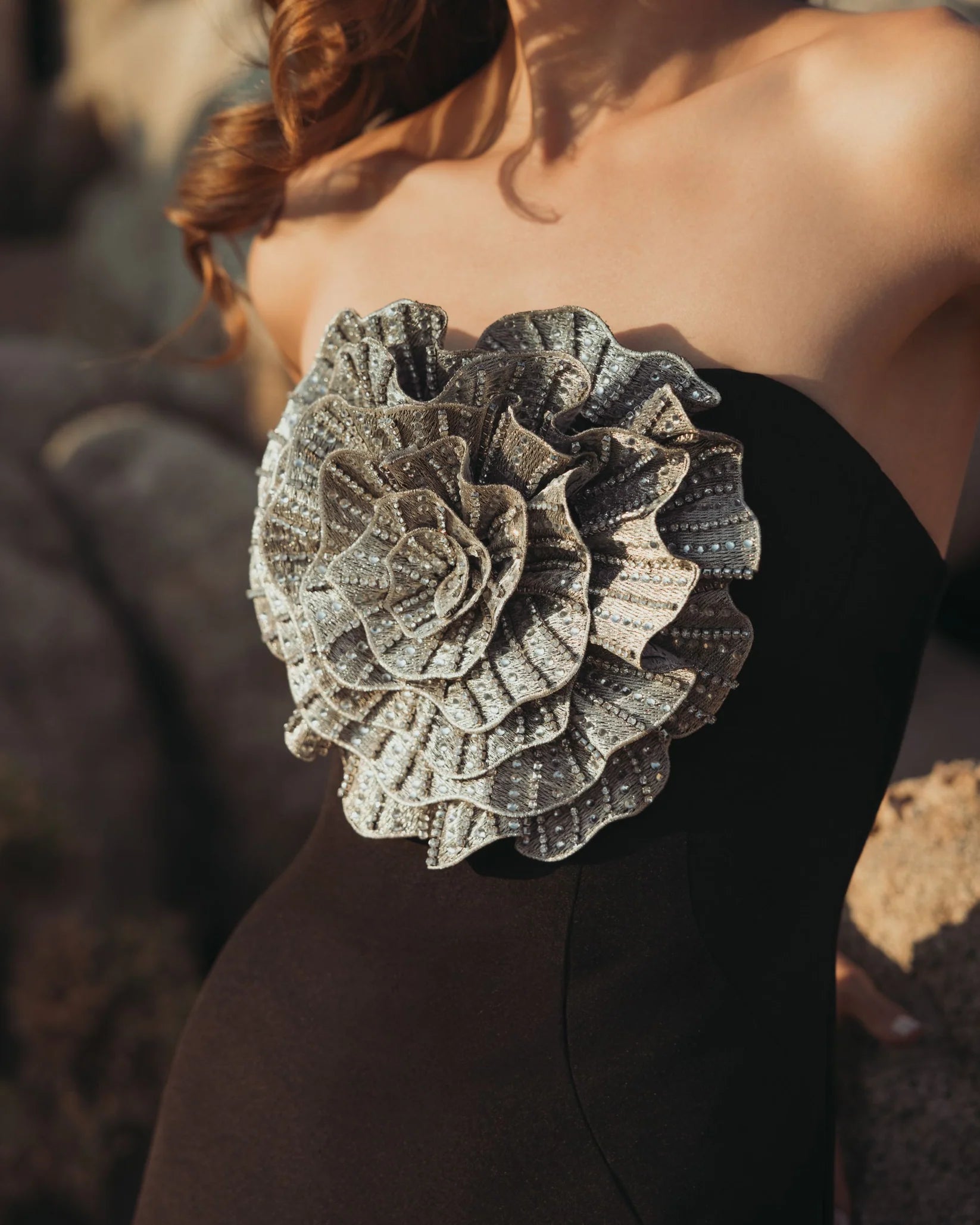 Crepe Strapless Gown With 3D Rhinestone Flower - Black