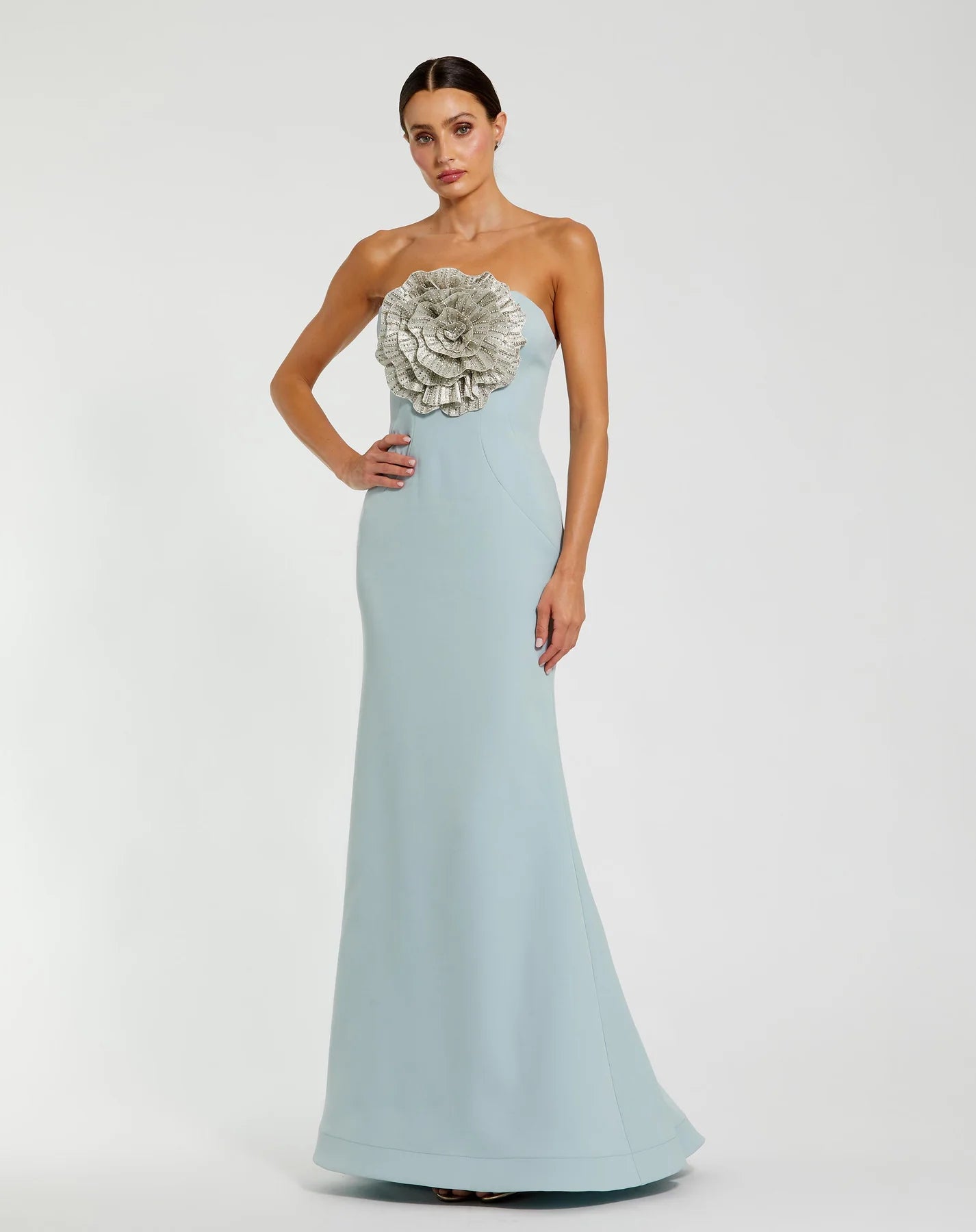 Mac Duggal Blue Crepe Strapless Gown With 3D Rhinestone Flower #11855